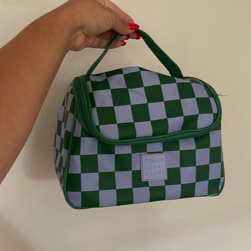 Checkerboard Cosmetic Bag in Green and White